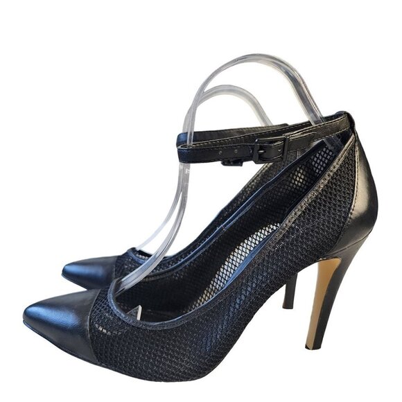 BCBGeneration Cynthia Mesh Pointed Toe Ankle Strap Pump Black Leather 8.5 M - Picture 5 of 16